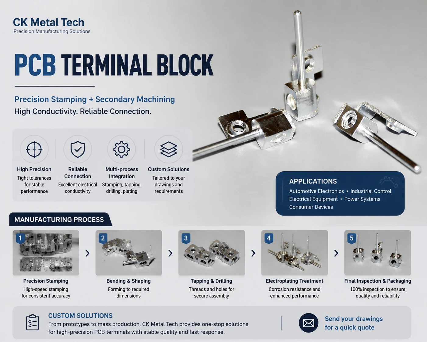 PCB terminal block manufactured through precision stamping, bending, tapping, drilling, and secondary machining processes