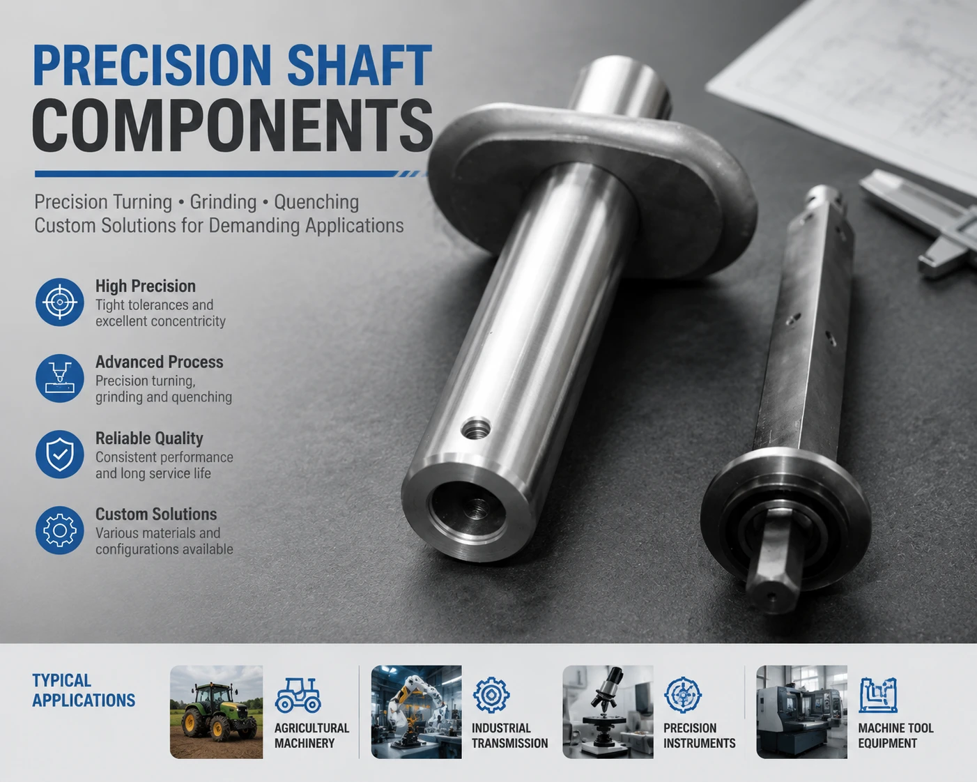 Precision shaft components manufactured with CNC turning, grinding, and heat treatment for industrial applications