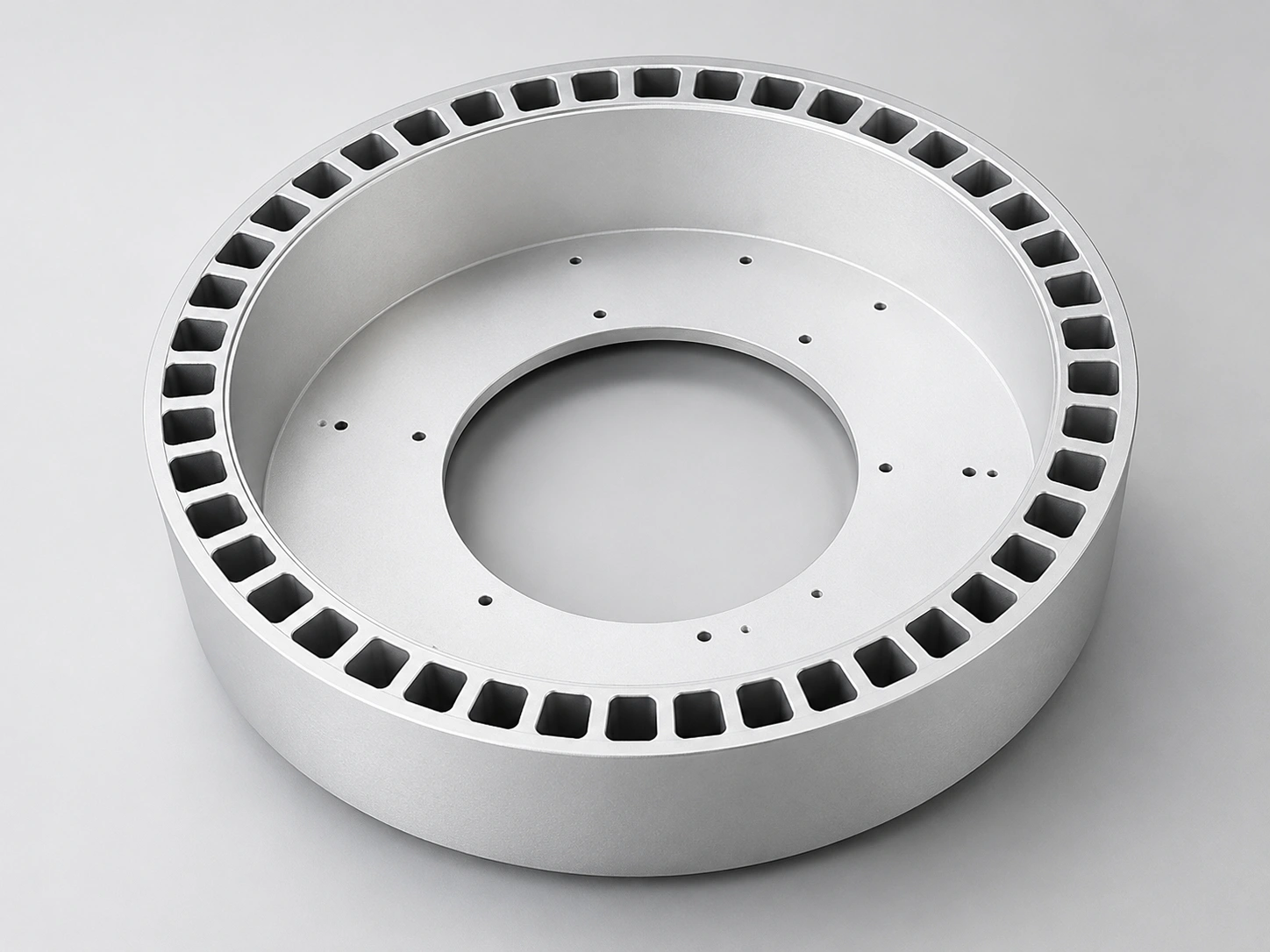 Four-axis CNC machined motor housing with annular cooling grooves for multi-sided machining applications