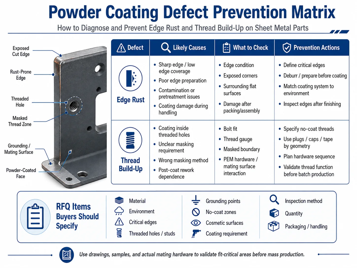 Powder coating defect prevention matrix for sheet metal showing edge rust, thread build-up, masking, inspection, and RFQ requirements