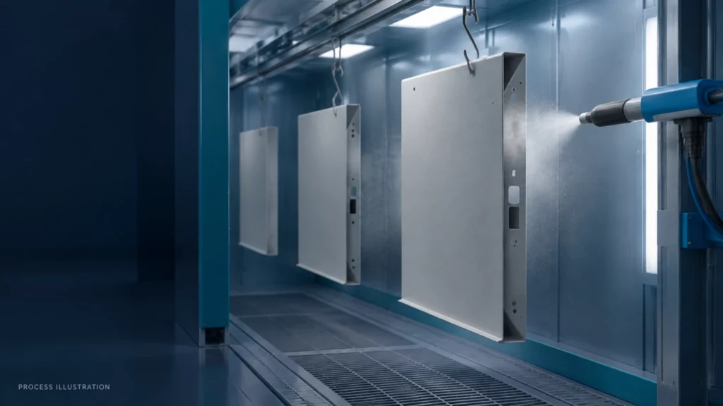 Sheet metal panels hang from an overhead conveyor as a spray gun applies powder coating inside an industrial finishing booth.