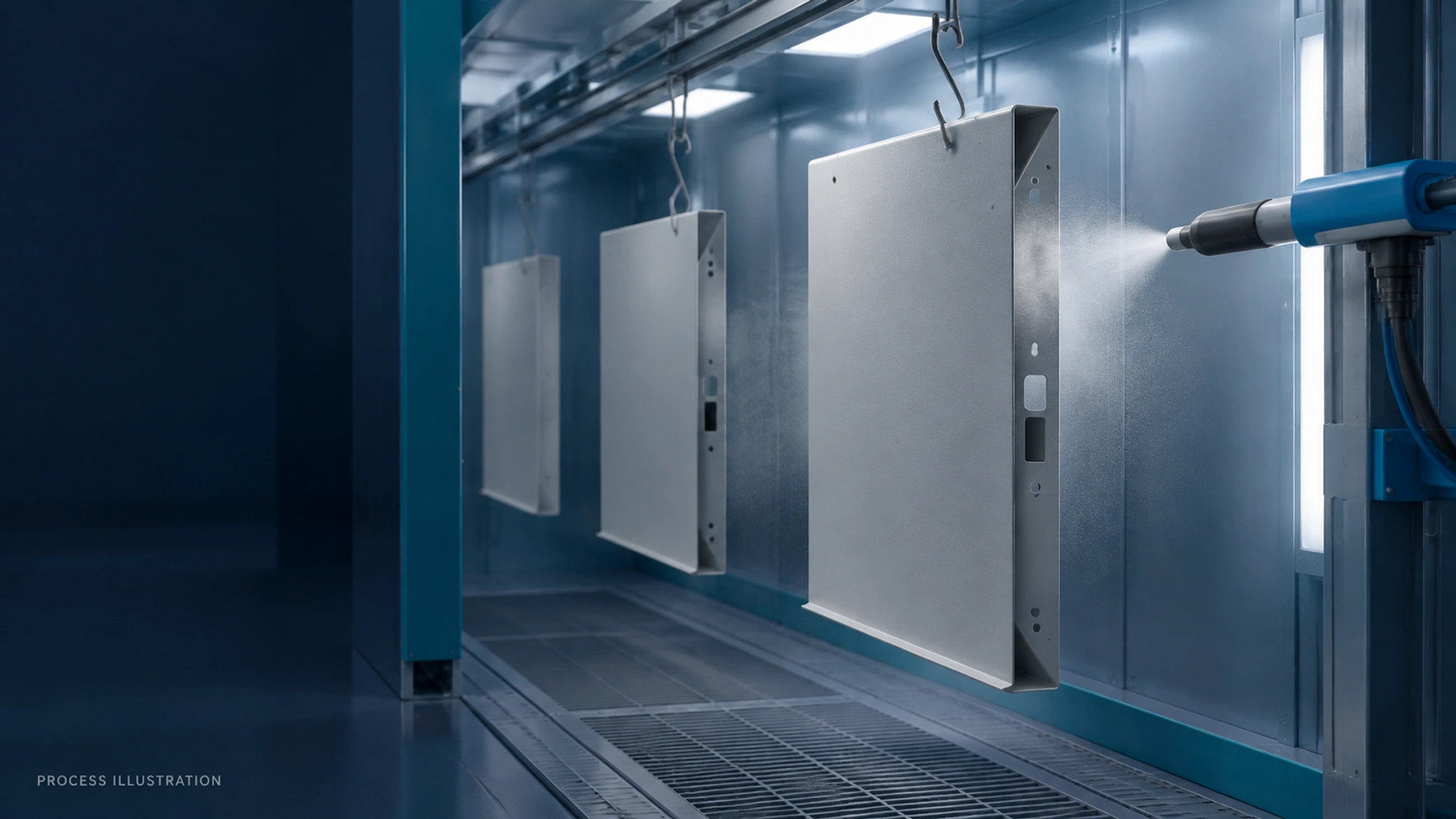 Sheet metal panels hang from an overhead conveyor as a spray gun applies powder coating inside an industrial finishing booth.