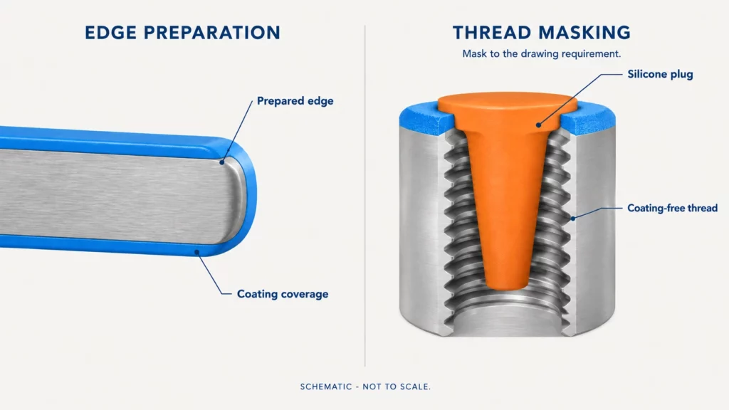 Technical diagram compares a prepared, coated sheet-metal edge with a threaded hole protected by a silicone plug, showing the coating coverage and coating-free thread.