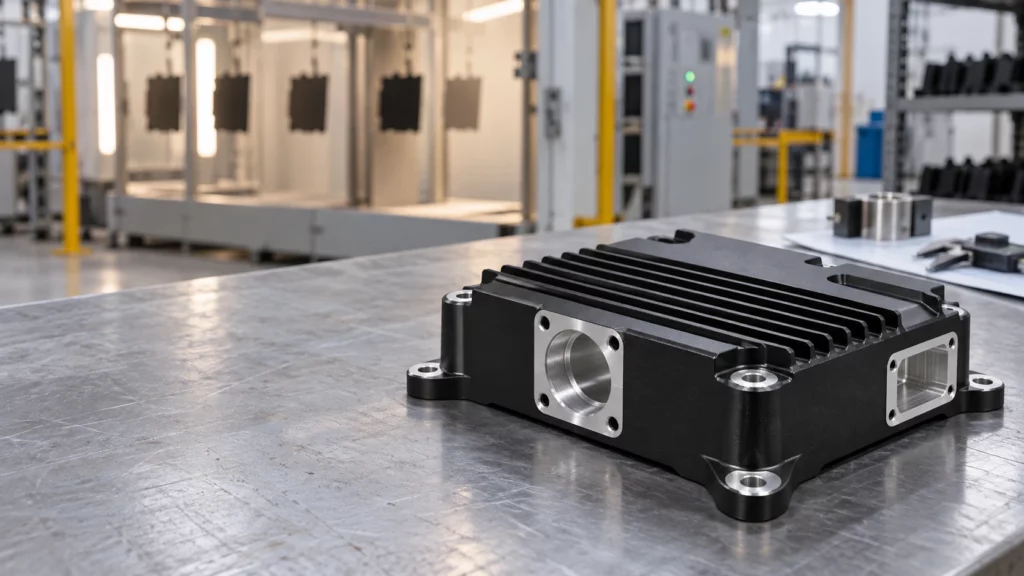 A black finned aluminum housing with silver machined bores and mounting faces rests on a workbench in a manufacturing shop.