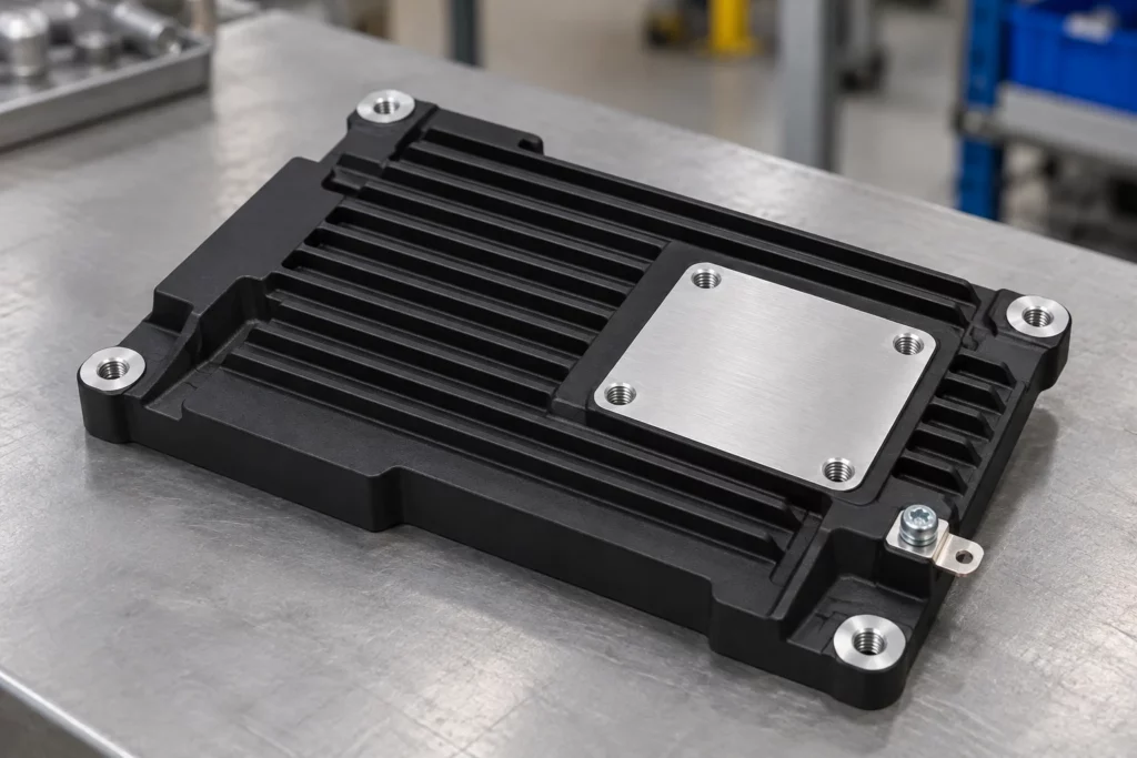 A black powder-coated aluminum housing has an exposed silver rectangular thermal contact surface and uncoated mounting holes.
