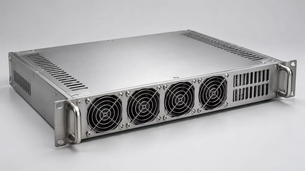 A silver rectangular metal enclosure with a row of cooling fans, ventilation slots, and side handles is shown against a plain background.