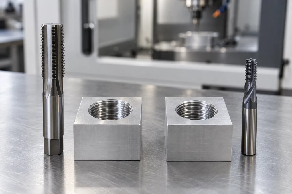 A large tap and a thread mill stand beside two aluminum blocks with machined internal threads.